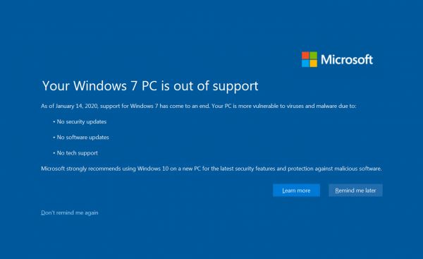Microsoft прощается с Windows 7, начались полноэкранные предупреждения